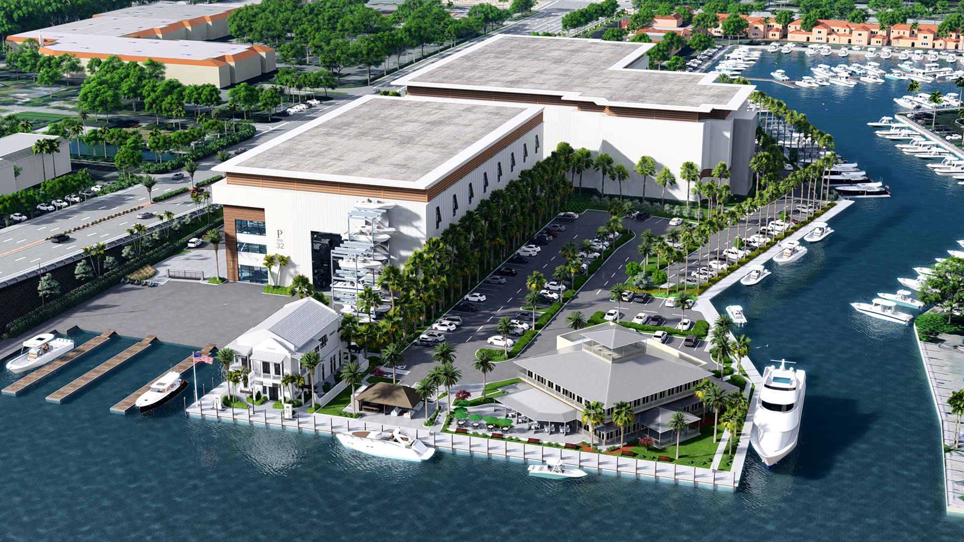 Aerial rendering of the PORT 32 marina redevelopment in Palm Beach Gardens