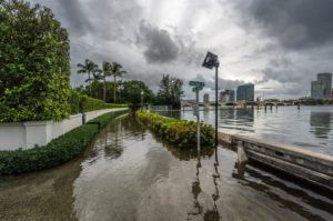 Florida king tide flooding along a waterfront walkway